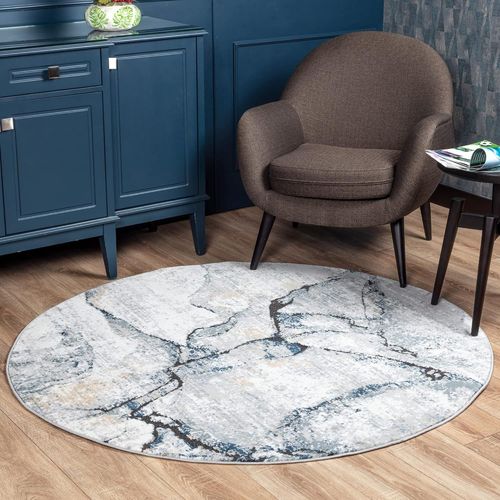 Surya Berlin Tapis Moderne Abstrait - Tapis Salon, Salle À Manger, Chambre Adulte Et Ado, Cuisine - Tapis Design Marbre Moucheté Multicolore, Tapis Poil Ras Doux Rond 160cm - Gris, Bleu, Ivo[L514]