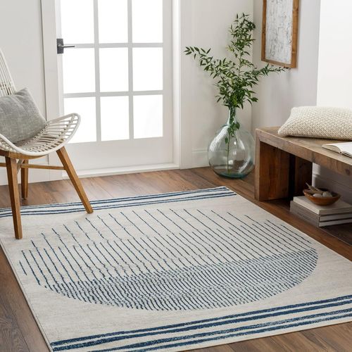 Pratolino Tapis Géométrique Scandinave Rayé - Grand Tapis Salon, Salle À Manger, Chambre, Cuisine - Tapis Design Boheme Chic, Berbere Moderne, Tapis Poil Court 160x216cm - Crème, Bleu[L526]