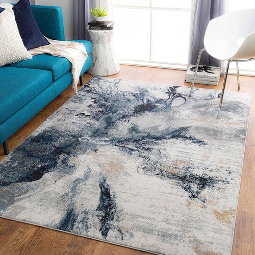 New York Tapis Moderne Abstrait - Tapis Salon, Salle À Manger, Chambre Adulte Et Ado, Cuisine - Tapis Design Marbre Moucheté Multicolore, Tapis Poil Ras Doux 120x170cm - Bleu, Gris Et Beige[L1070]