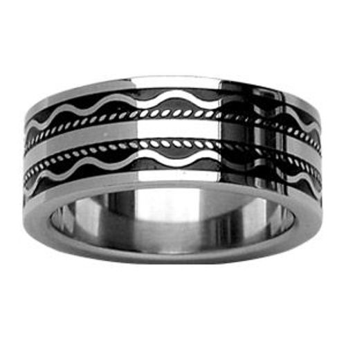 Bague Acier Motif Vagues Sur Résine Noire