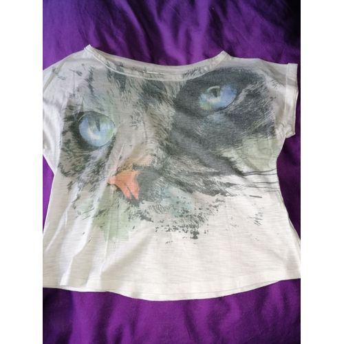 T-Shirt Femme Zara Ts 36 Blanc Tête Chat