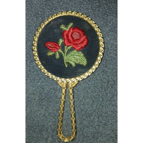 Joli Miroir À Main Métal Doré Solide Et Brodé Fleur Derrière Doré