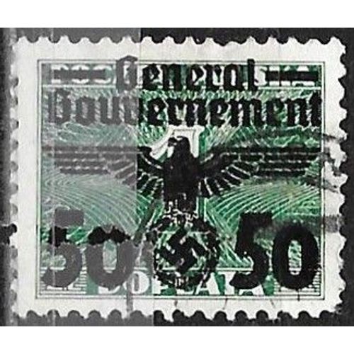 Pologne, Occupation Allemande, Gouvernement Général 1940, Beau Timbre Yvert 55, 50 Gr./ 1 Zl.. Timbre Polonais Surchargé Avec Grand Aigle, Croix Gammée, Et Nouvelle Valeur En Zloty, Oblitéré.