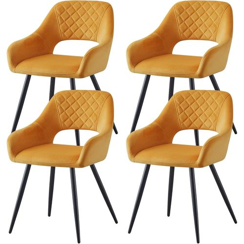 Lot De 4 Chaises De Salle À Manger En Velours Avec Siège Rembourré À Dossier Ouvert - Design Moderne Avec Pieds En Métal - Pour Salle À Manger, Salon, Cuisine - Jaune.[G943]