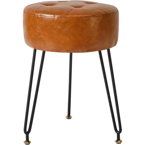 Faux Cuir Rond Pouf Tabouret Table De Maquillage Table D'appoint, Pu Siège De Table De Maquillage, Sac Canapé Tabouret, Pieds En Acier Doré, Brun Clair L/G-31j.[G1002]