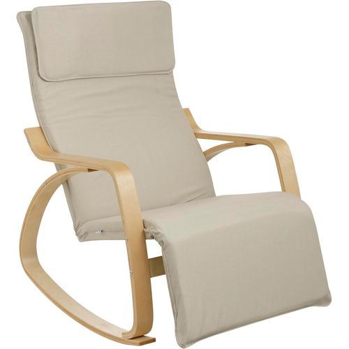 Chaise À Bascule De Salon Avec Accoudoirs En Bois, Fauteuil À Bascule Ergonomique De Chambre En Tissu Avec Appuie-Tête Et Repose-Pieds Réglable En 5 Hauteurs, 67x82x98 Cm, Beige.[G464]