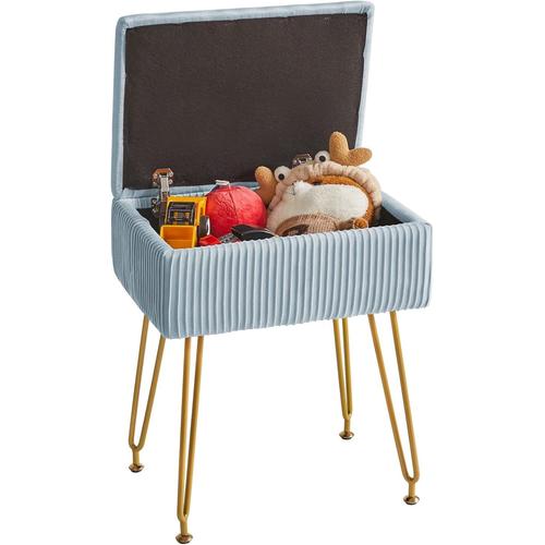 Sièges De Pouf Ottoman Avec Espace De Rangement, Tabouret De Maquillage En Velours, Repose-Pieds, Chaise De Coiffeuse Carrée À Rayures, Pieds En Métal Doré, 40×29.5×48cm Gris Bleu Hbd024g.[G1021]