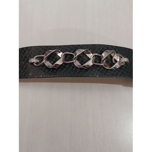 Bracelet Pierre Lang Cuir Noir A Motif Et Chaine Metal Argenté