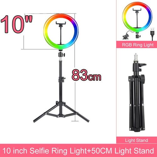 Anneau Lumineux LED RGB avec Trépied de 160cm/175cm,Éclairage Annulaire à Intensité Réglable de 10,12 et 14 Pouces,pour Studio Photo,Téléphone et Bureau - Type 10 inch 50cm RGB