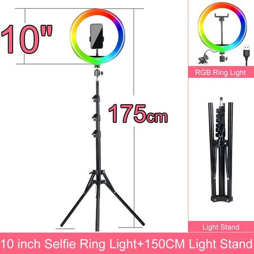 Anneau Lumineux LED RGB avec Trépied de 160cm/175cm,Éclairage Annulaire à Intensité Réglable de 10,12 et 14 Pouces,pour Studio Photo,Téléphone et Bureau - Type 10 inch 150cm RGB
