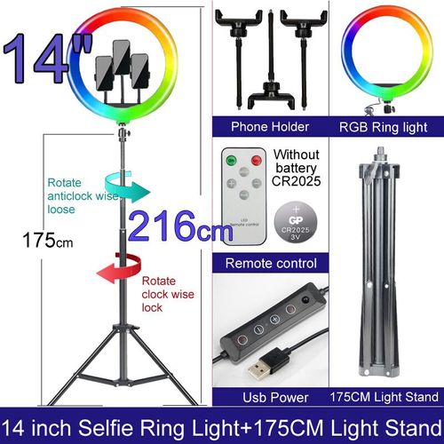 Anneau Lumineux LED RGB avec Trépied de 160cm/175cm,Éclairage Annulaire à Intensité Réglable de 10,12 et 14 Pouces,pour Studio Photo,Téléphone et Bureau - Type 14 inch 175cm 3