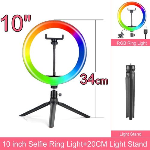 Anneau Lumineux LED RGB avec Trépied de 160cm/175cm,Éclairage Annulaire à Intensité Réglable de 10,12 et 14 Pouces,pour Studio Photo,Téléphone et Bureau - Type 10 inch 20cm RGB