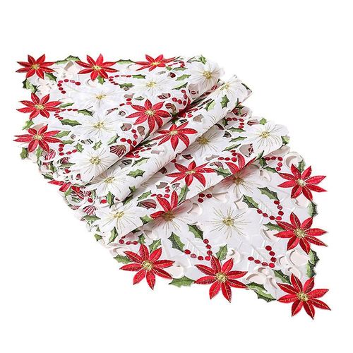 Chemin De Table Brodé De Noël, Poinsettia De Luxe Et Chemin De Table Houx Pour Noël, 15x69 Pouces (