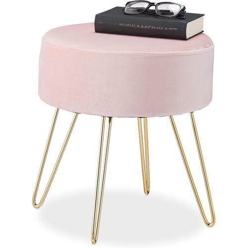 Pouf Coiffeuse,Rond,Élégant,Pieds Dorés En Métal,Moderne,Tabouret Velours,Hxd: 40x40cm,Rose,Mousse,1 Élément