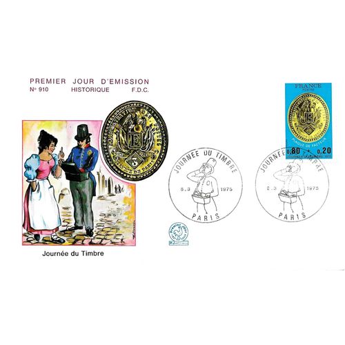 France 1975, Très Belle Enveloppe 1er Jour Fdc 910, Timbre Yvert 1838, Journée Du Timbre, Médaille De Facteur Belle Illustration Couleur, État Neuf.