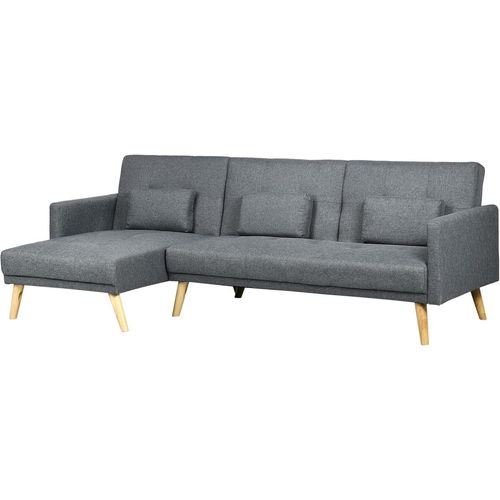 Canapé D'angle 3 Places Convertible Avec Accoudoirs Chaise Longue 3 Coussins En Bois Massif Et Tissu Gris. Disponible Immédiatement À Récupérer À Courbevoie Quartier Faubourg De L'arche.