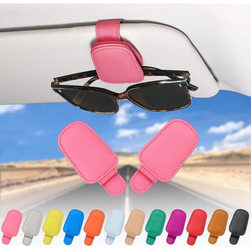 2 Pièces Porte Lunettes Pour Voiture En Cuir Véritable, Magnétique Support Lunettes Pour Voiture Pare-Soleil Accessoires, Pince À Lunette Auto, Pince Pour Tickets Et Cartes (Rose)[Kit100130]