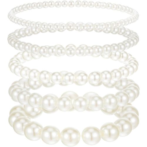 Lot De 5 Bracelets De Perles Empilables Pour Femme, Bracelets Délicats En Perles Extensibles Pour Demo Lle D'honneur, Bracelets Élastiques En Fausses Perles Pour Mariée, Mariage, Fête,[X2306]