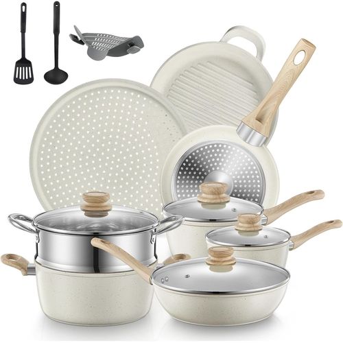 Batterie De Cuisine À Induction, Aluminium Set Poele Et Casserole Induction 15 Pièces, Avec Couvercle En Verre, Lot Casserole Et Poele Anti Adhesive, Tous Feux Dont Induction[Q197]