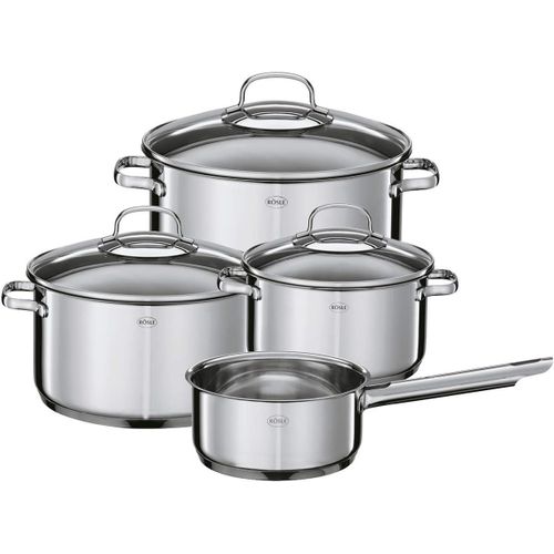 Elegance Batterie De Cuisine Inox - 3 Faitouts, 1 Casserole À Queue Et Couvercles En Verre - Idéal Pour Les Pâtes, Le Riz Et Les Soupes - Acier Inoxydable 18/10 - Compatible Avec L'induction[Q138]