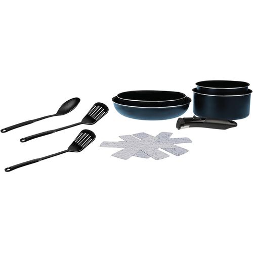 714250 Batterie De Cuisine 10 Pcs Aluminium Bleu Métal Mat Manche Amovible, 2 Poêles Ø24,28cm, 2 Casseroles Ø16,20cm, 2 Feutrines Ø 24,28cm, 2 Spatules, 1 Cuillère - Tous Feux Dont Induction[Q495]