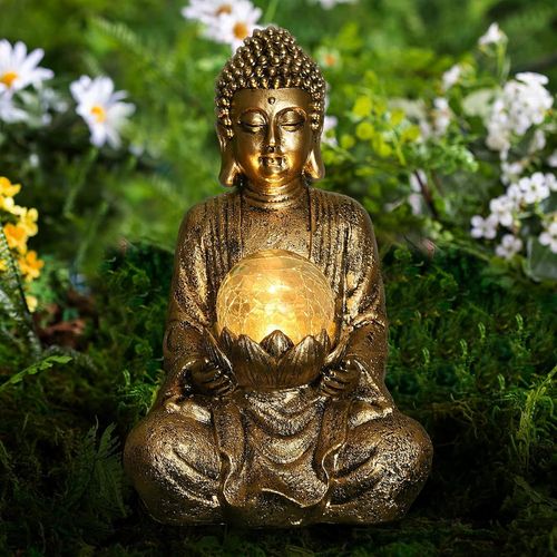 Meditation Statue De Bouddha Decoration Jardin Exterieur -Jardin Zen Figurine De Boudha Idee Cadeau Femme Maman,Lampe Globe Solaire Avec Décoration En Verre Pour Balcon,Patio,Porche L'or 26.5cm