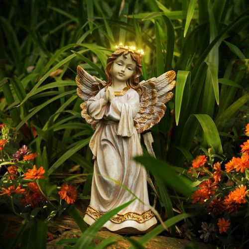 Statue D'ange De Jardin, Décoration De Jardin Solaire Gardien Avec Lumière Chaude, Statue D'ange Priant Étanche Avec Guirlande, Décoration De Jardin Extérieur Pour Pelouse, Rose Abricot