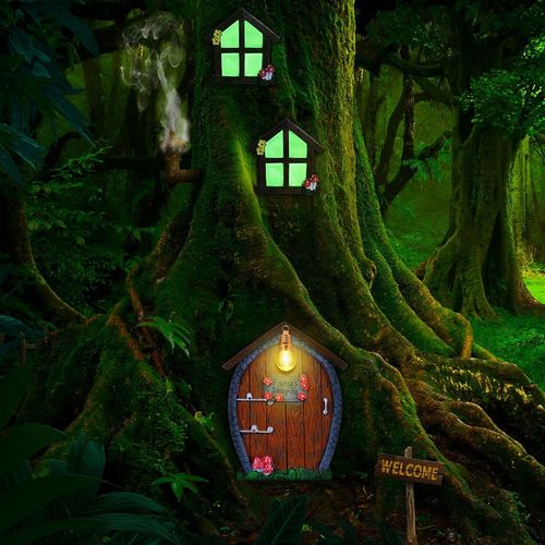 Fenêtre Et Porte De Fée De Maison D'été Miniatures Avec Lampe Pour Chambre, Mur Et Arbres Extérieurs Phosphorescents Sculpture De Jardin Pour Décoration Pelouse Ornement (Pierre)