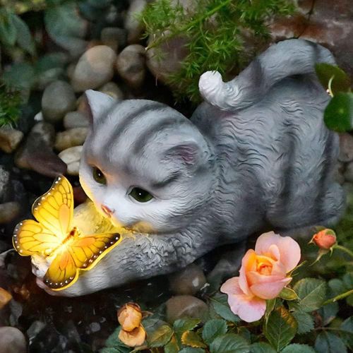 Décoration De Jardin En Forme De Chat, Papillons, Lampes Solaires Pour Extérieur, Statue De Jardin, Figurines De Chat, Décoration De Jardin, En Résine, Lampe Solaire (Gris)