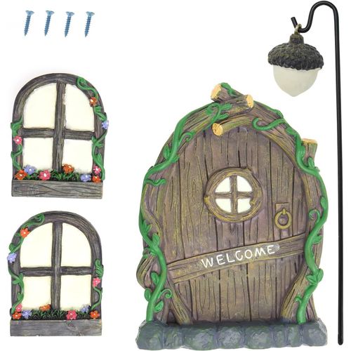 Lot De 4 Décorations En Résine Pour Porte Et Fenêtre De Fée Avec Lampe Phosphorescente - Décoration D'extérieur Pour Arbres, Jardin Féérique
