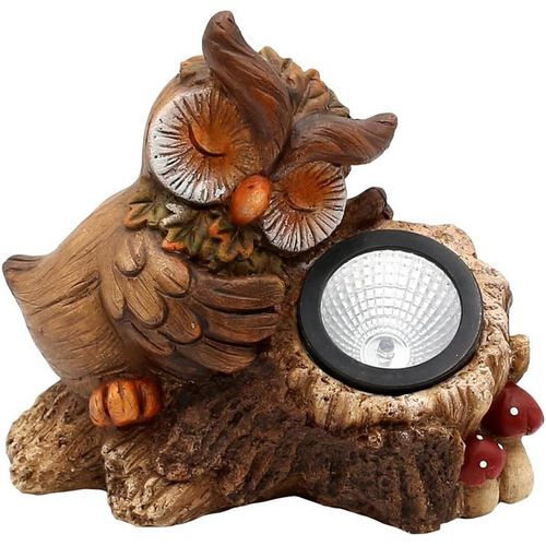Hibou De Jardin En Céramique Marron Endormi Sur Un Tronc D'arbre, Avec Lampe Solaire Et Robe En Plumes Indiquée, L X L X H 16 X 8 X 15 Cm.