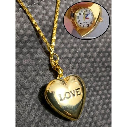 Collier Avec Pendentif Mini Montre Forme Coeur Doré Gravé "Love" - Idéal Cadeau Saint Valentin, Anniversaire, Couple, Amoureux, Noël...