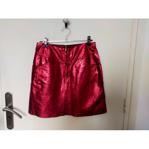 Belle Jupe Sandro En Cuir Rouge Métallisé T.1 (Xs-S)