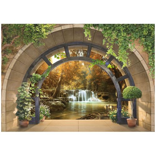 Papier Peint Panoramique Intissé Fenêtre Cascade 350x250 cm - Colle Inclus - Chambre et Salon - Moderne Papier Peint