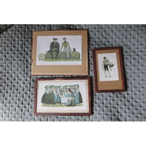 3 Anciens Dessins Crayon Et Couleur  Sous Verre Signés