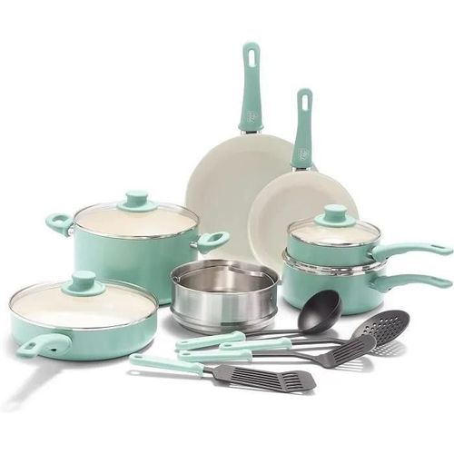Batterie De Cuisine Antiadhésive Greenlife Soft Grip - 15 Pièces - Turquoise