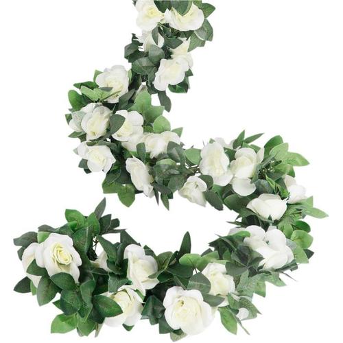 Lot De 4 Guirlande De Rose Artificielles Avec Feuille De Lierre Fausse Soie Roses Fleurs Artificielles À Suspendre Pour La Maison,Mariage Arche Arrangement Jardin(Blanc)