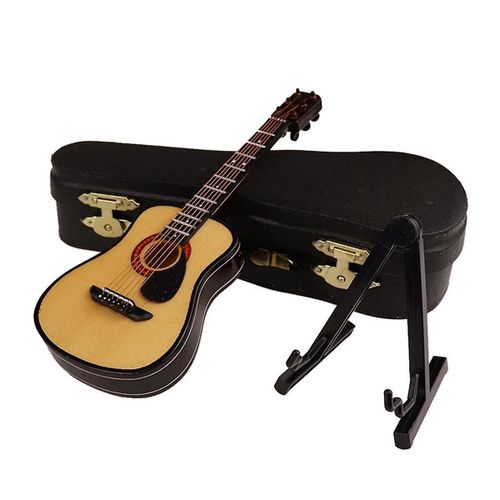D-Wooden Miniature Guitar Avec Support Et Etui Mini Instrument De Musique Miniature Maison De Poupée Modèle Ho