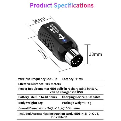 Rechargeable Midi Système De Guitare Sans Fil Récepteur Audio Émetteur Adaptateur Midi Sans Fil Pour Clavier De Piano Numérique
