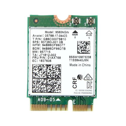 Carte WiFi 9560NGW 1730Mbps Sans Fil AC 9560 Double Bande 2.4G + 5G Bluetooth 5.0 802.11Ac M.2 CNVI 9560N