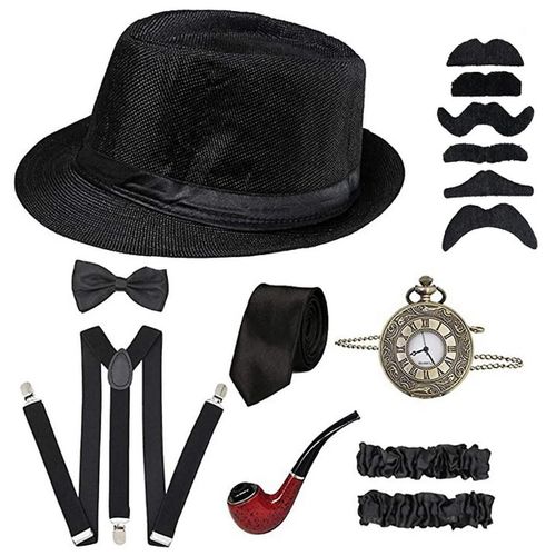 Ensemble D'Accessoires Vintage Des Années 1920 Pour Hommes, Montre De Poche Noeud Papillon De Style Rétro, Jarretières Chapeau, Barbe Des Années 20 Costume