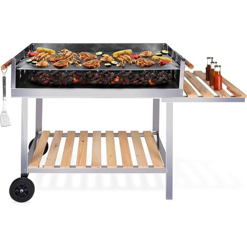 Barbecue À Charbon De Bois Grande Taille-Grille Avec Roues-Barbecue Bois 2 Grilles-98 X 56 X 85 Cm-Fumoir Jardin