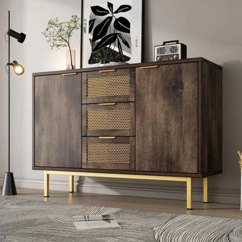 Buffet Armoire Commode Avec 3 Tiroirs Et 2 Portes, 120 X 40 X 76 Cm, Brun Foncé, Poignées En Métal Armoire Multifonctionnelle
