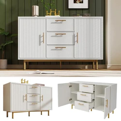 Commode 2 Portes, 3 Tiroirs Avec Portes Et Étagères Réglables, Blanc - H75/B120/T40 Cm.