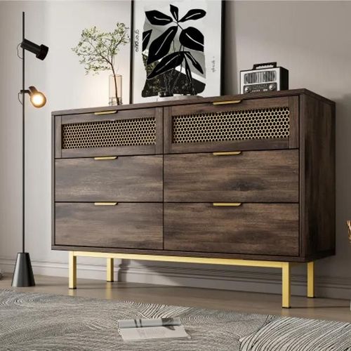 Buffet Commode Avec 6 Tiroirs, 120 X 40 X 76 Cm, Brun Foncé, Poignées En Métal Commode, Meuble De Rangement