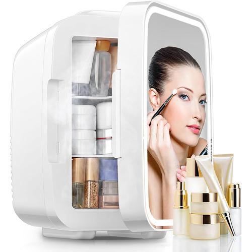 Mini Frigo De Chambre 5L/6 Canettes, Frigo Skincare Avec Miroir Led, Fonction Chaud Et Froid, Glacière Portable De Beauté, Blanc