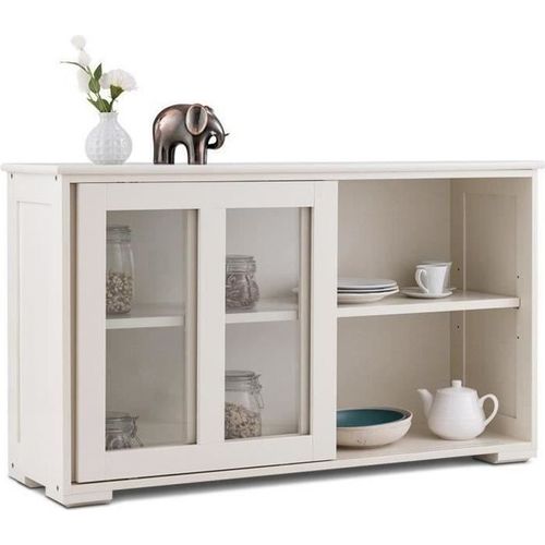 Costway Buffet De Cuisine Meuble De Cuisine Pour Rangement,Vaisselier Avec Porte Coulissante En Verre Trempé En Bois Beige
