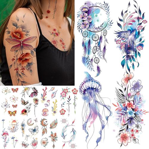34 Feuilles Tatouage Ephemere Femme,3d Faux Tatouage Femme Autocollant,Tatoo Temporaire Fleurs Papillons Impermables Femmes Filles