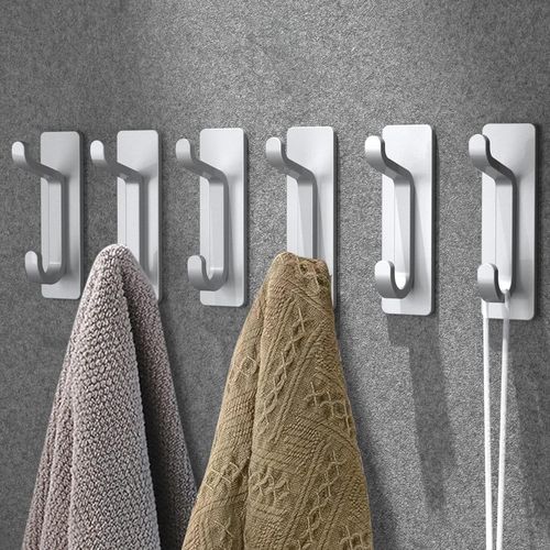 Crochet Adhesif Mural, Porte Serviette Salle De Bain, Accroche Torchon Cuisine, Porte Manteau Adhésif, Attache Murale Sans Percer, Etanche, Antirouille, Argent, 6 Pièces