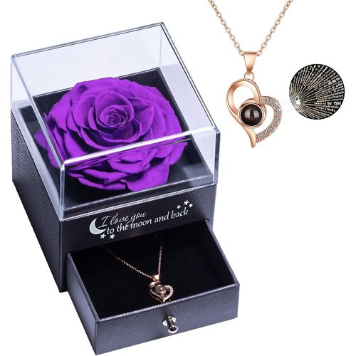 Vraie Rose Eternelle Avec Collier I Love You,Idée Cadeau Femme,Cadeau Maman Noel,Rose Eternelle Avec Bijoux Argent S925,Cadeau Saint Valentin Femme Collier Cadeau Fête Des Mères.[Q387]